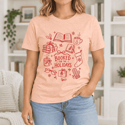 Booked For The Holidays Ultra-Soft Cotton T-Shirt | Christmas Reader Gift Heather Peach