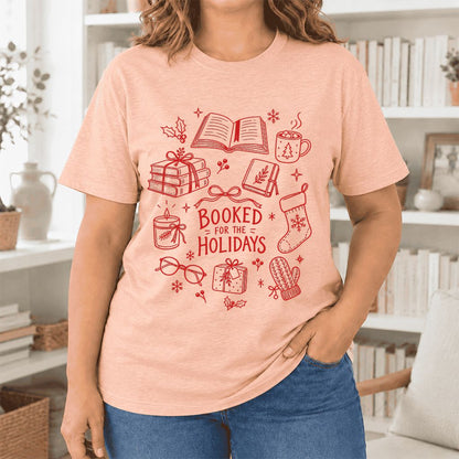 Booked For The Holidays Ultra-Soft Cotton T-Shirt | Christmas Reader Gift Heather Peach