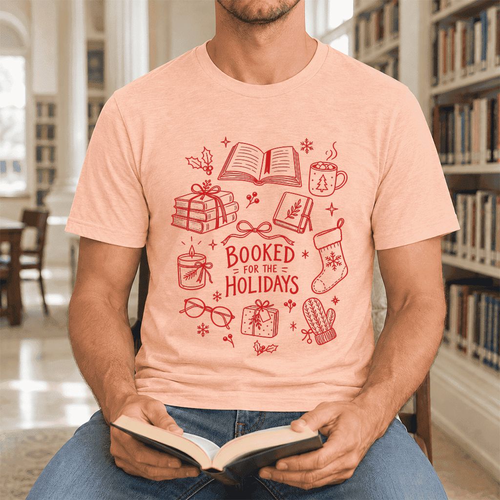 Booked For The Holidays Ultra-Soft Cotton T-Shirt | Christmas Reader Gift Heather Peach