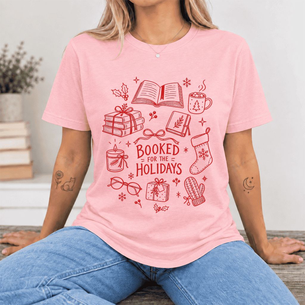 Booked For The Holidays Ultra-Soft Cotton T-Shirt | Christmas Reader Gift Pink