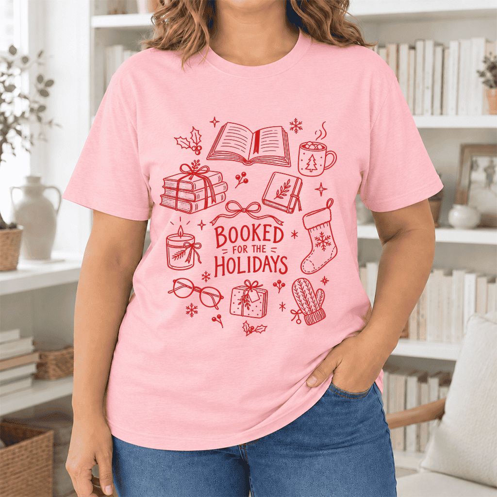 Booked For The Holidays Ultra-Soft Cotton T-Shirt | Christmas Reader Gift Pink