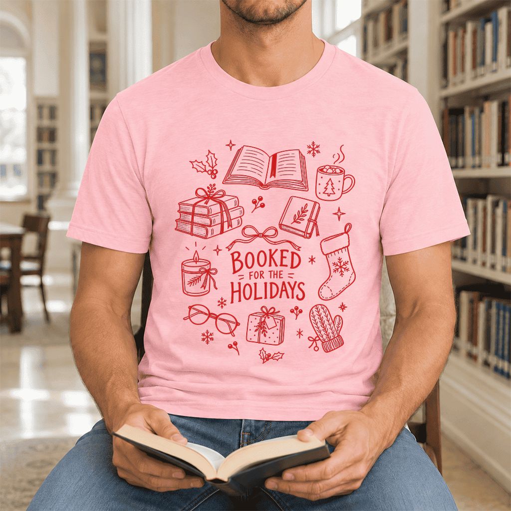 Booked For The Holidays Ultra-Soft Cotton T-Shirt | Christmas Reader Gift Pink