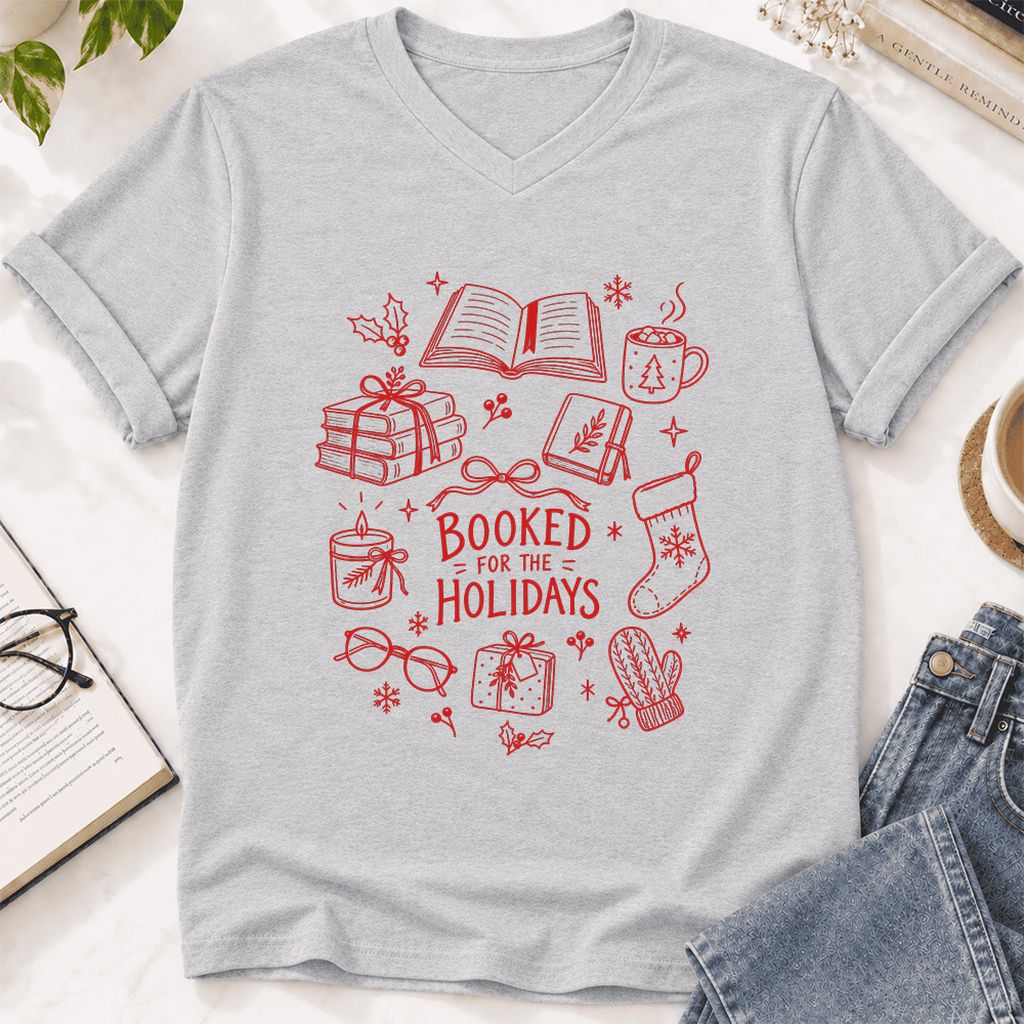 Booked For The Holidays Ultra-Soft V-Neck | Christmas Book Lover Gift Ash