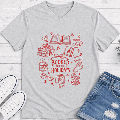 Booked For The Holidays Ultra-Soft V-Neck | Christmas Book Lover Gift Ash