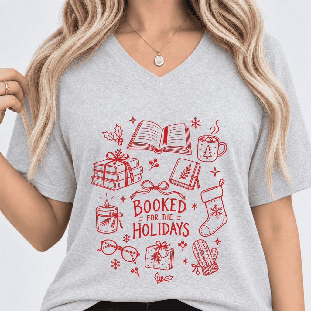 Booked For The Holidays Ultra-Soft V-Neck | Christmas Book Lover Gift Ash