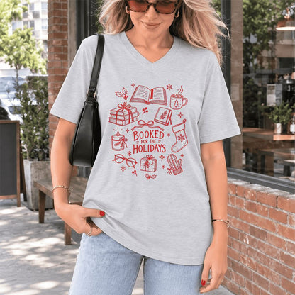 Booked For The Holidays Ultra-Soft V-Neck | Christmas Book Lover Gift Ash