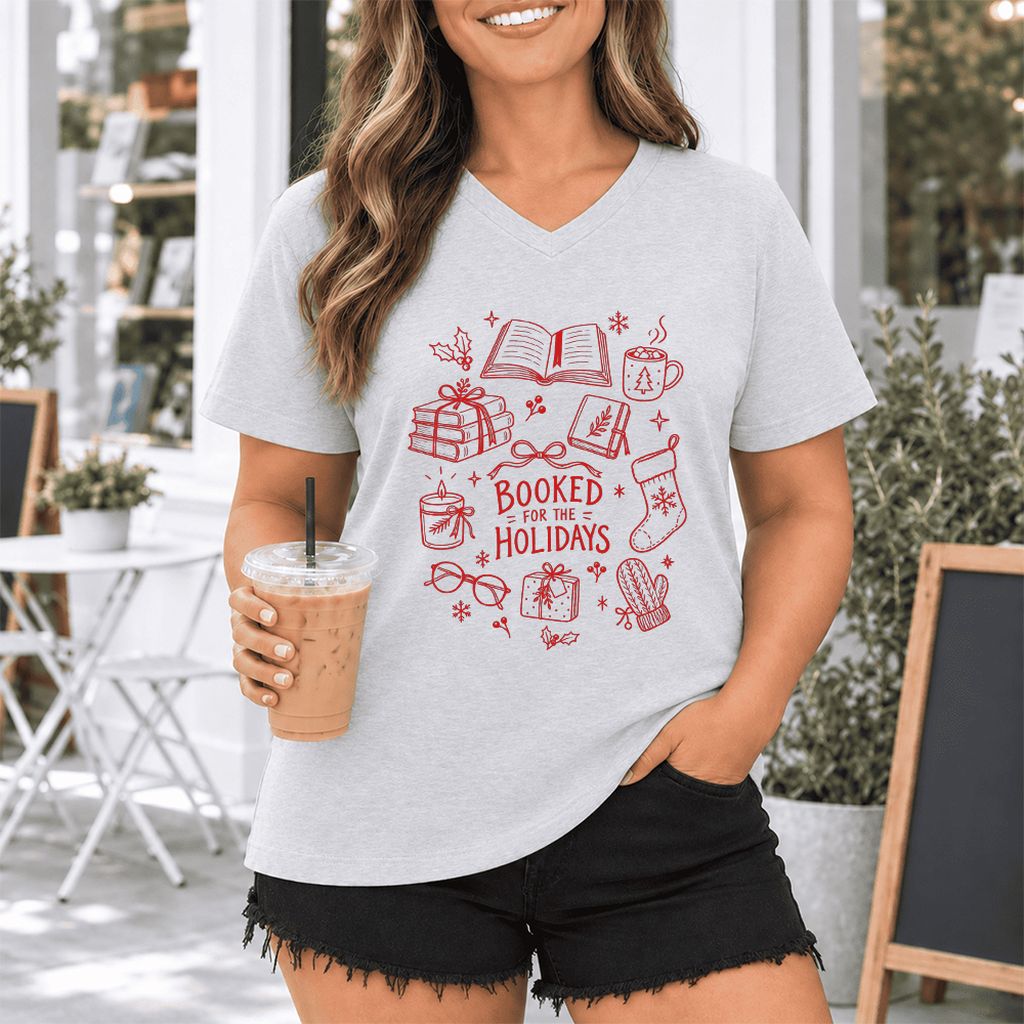 Booked For The Holidays Ultra-Soft V-Neck | Christmas Book Lover Gift Ash