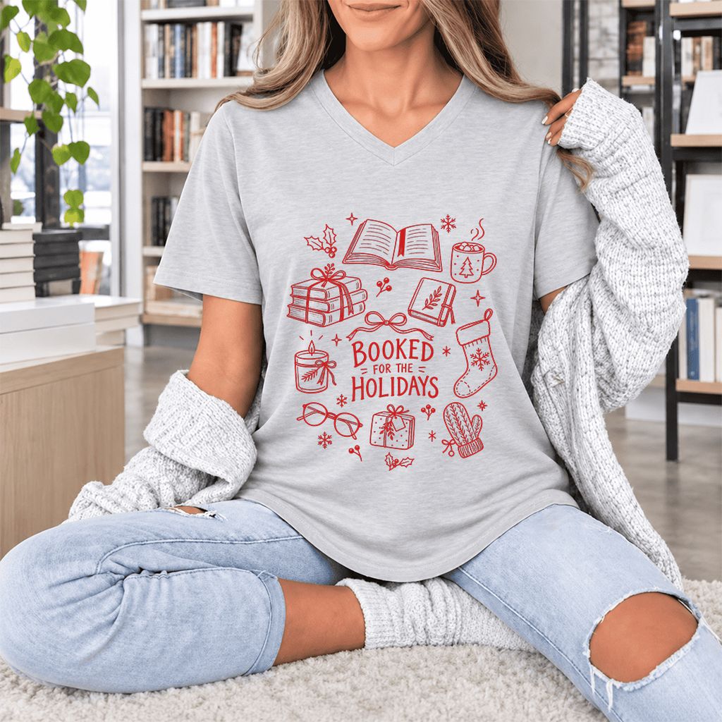 Booked For The Holidays Ultra-Soft V-Neck | Christmas Book Lover Gift Ash