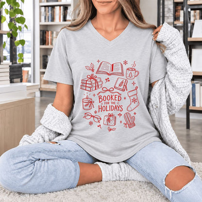 Booked For The Holidays Ultra-Soft V-Neck | Christmas Book Lover Gift Ash