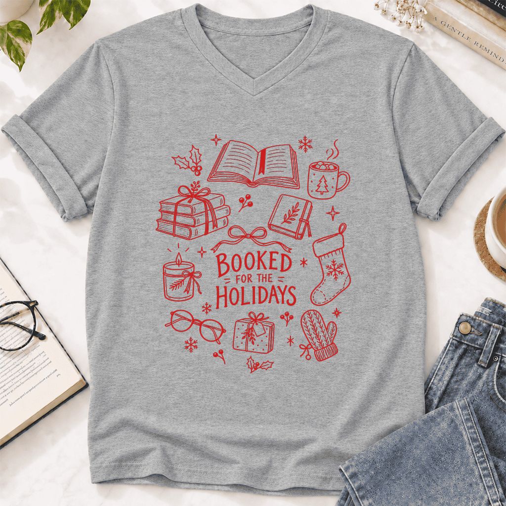 Booked For The Holidays Ultra-Soft V-Neck | Christmas Book Lover Gift Athletic Heather