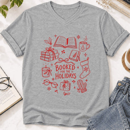 Booked For The Holidays Ultra-Soft V-Neck | Christmas Book Lover Gift Athletic Heather