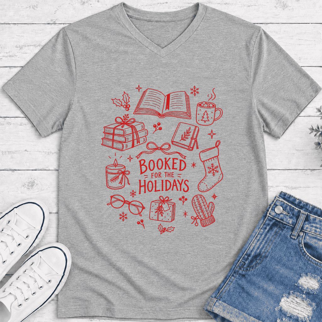 Booked For The Holidays Ultra-Soft V-Neck | Christmas Book Lover Gift Athletic Heather
