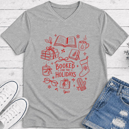 Booked For The Holidays Ultra-Soft V-Neck | Christmas Book Lover Gift Athletic Heather