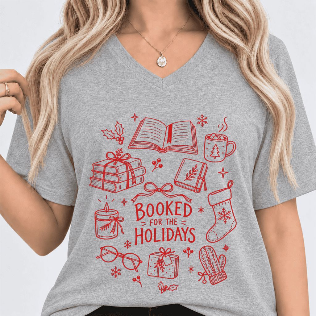 Booked For The Holidays Ultra-Soft V-Neck | Christmas Book Lover Gift Athletic Heather