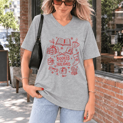 Booked For The Holidays Ultra-Soft V-Neck | Christmas Book Lover Gift Athletic Heather