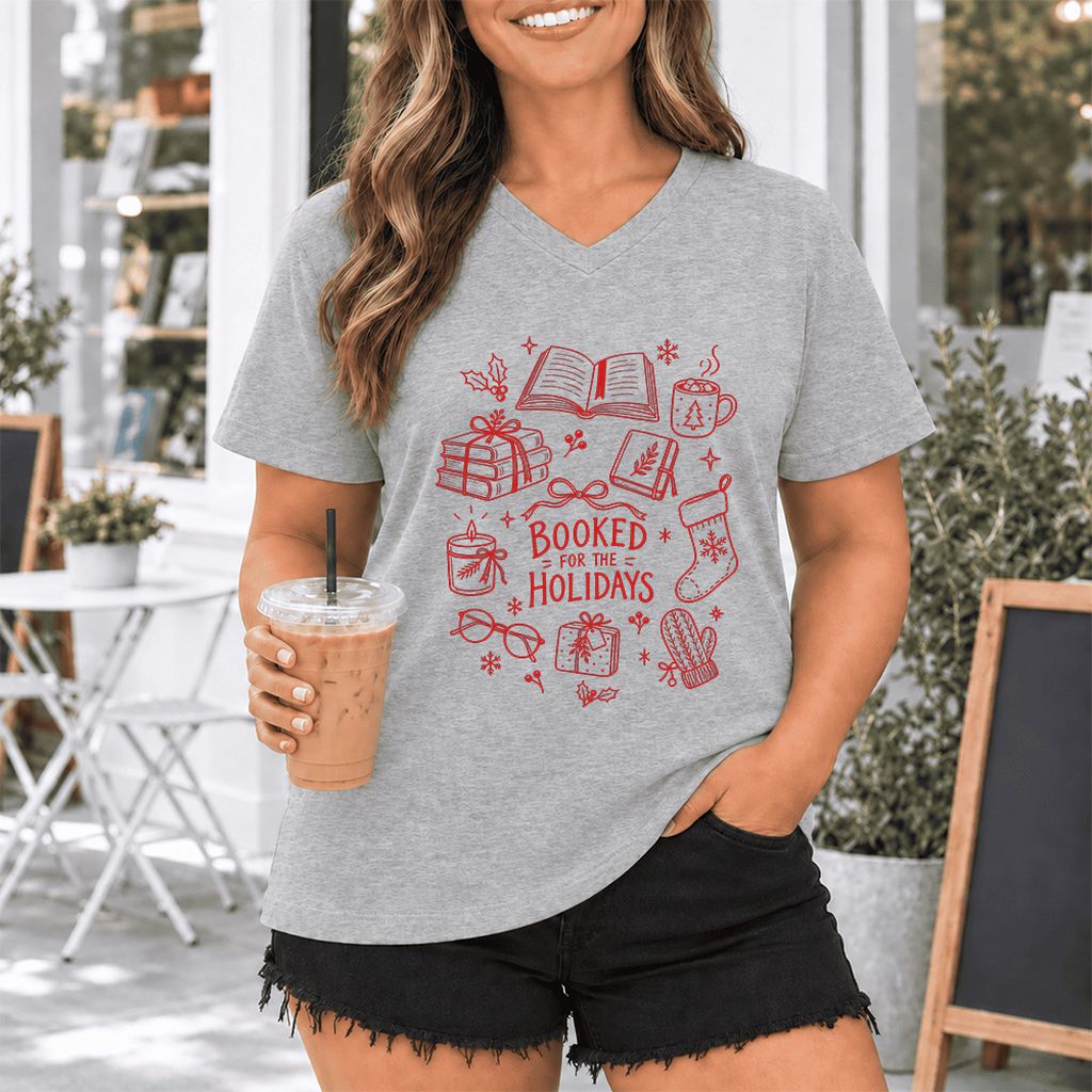 Booked For The Holidays Ultra-Soft V-Neck | Christmas Book Lover Gift Athletic Heather