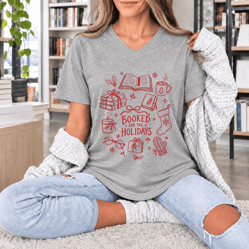 Booked For The Holidays Ultra-Soft V-Neck | Christmas Book Lover Gift Athletic Heather