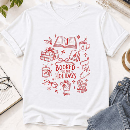 Booked For The Holidays Ultra-Soft V-Neck | Christmas Book Lover Gift White