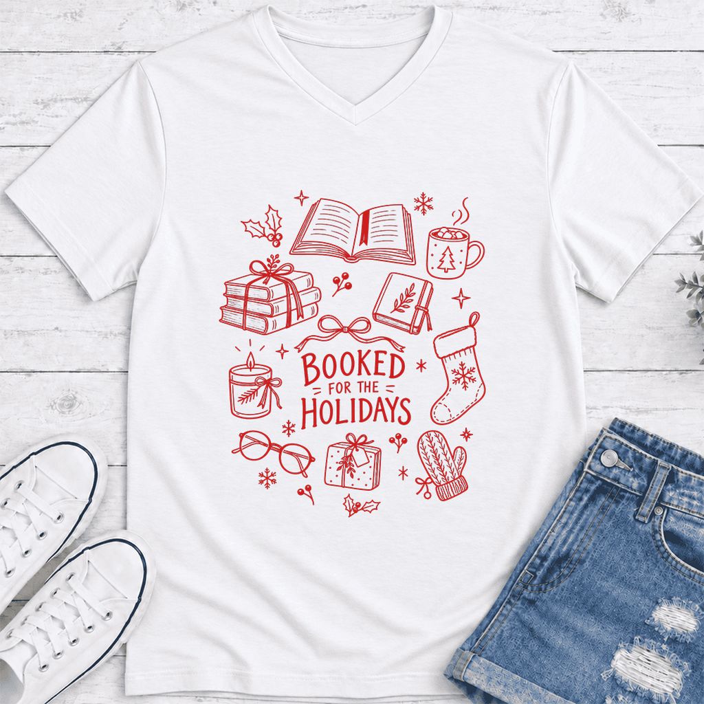 Booked For The Holidays Ultra-Soft V-Neck | Christmas Book Lover Gift White
