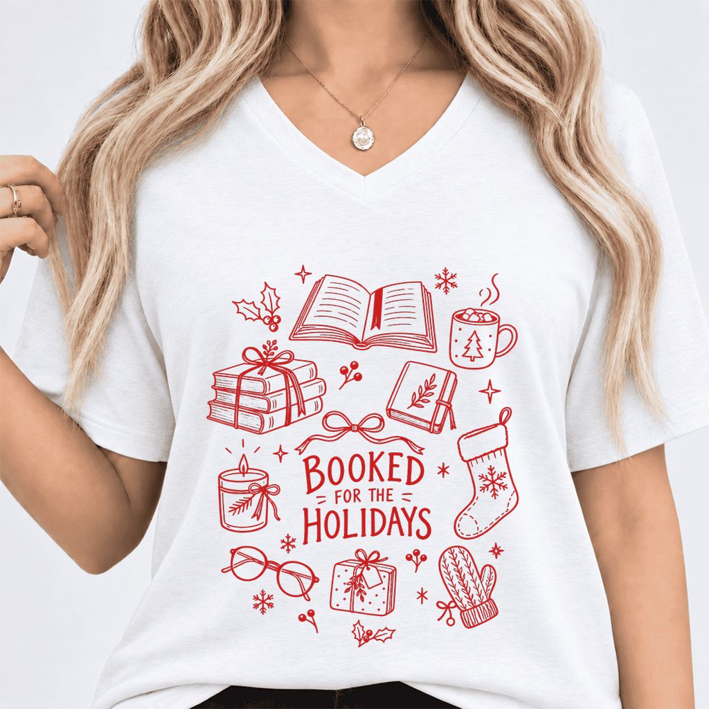 Booked For The Holidays Ultra-Soft V-Neck | Christmas Book Lover Gift White