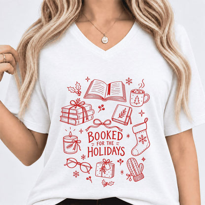 Booked For The Holidays Ultra-Soft V-Neck | Christmas Book Lover Gift White