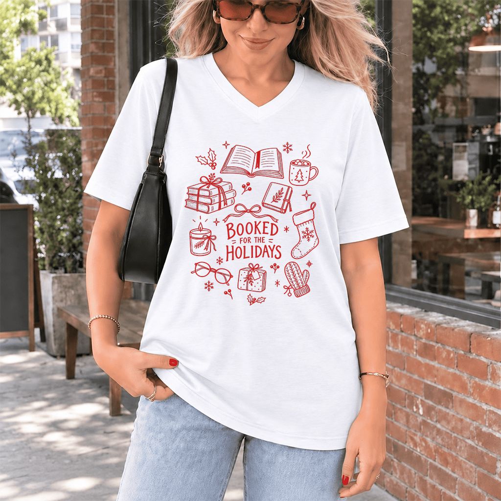 Booked For The Holidays Ultra-Soft V-Neck | Christmas Book Lover Gift White