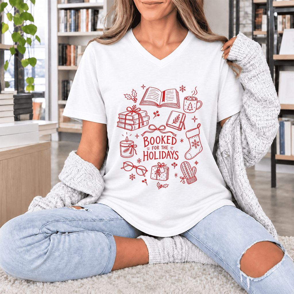 Booked For The Holidays Ultra-Soft V-Neck | Christmas Book Lover Gift White