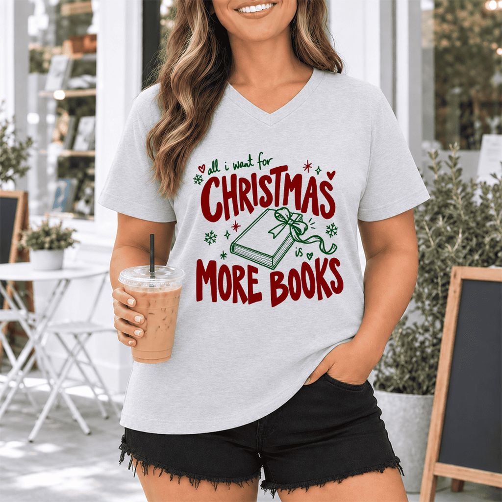 All I Want For Christmas Is More Books Ultra-Soft V-Neck | Reader Gift Ash