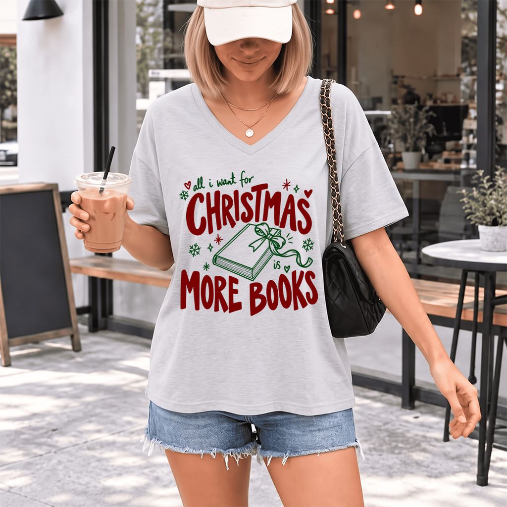 All I Want For Christmas Is More Books Ultra-Soft V-Neck | Reader Gift Ash