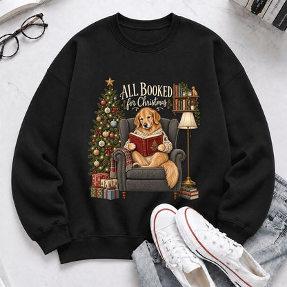 All Booked For Christmas Golden Retriever Printed Sweatshirt | Reader Gift Black