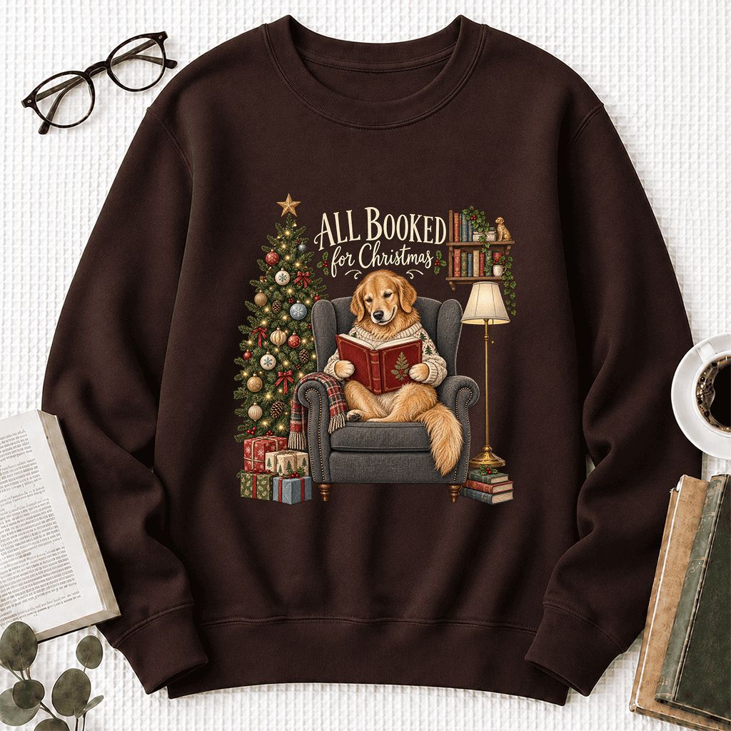 All Booked For Christmas Golden Retriever Printed Sweatshirt | Reader Gift Dark Chocolate