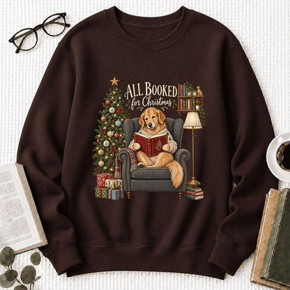 All Booked For Christmas Golden Retriever Printed Sweatshirt | Reader Gift Dark Chocolate
