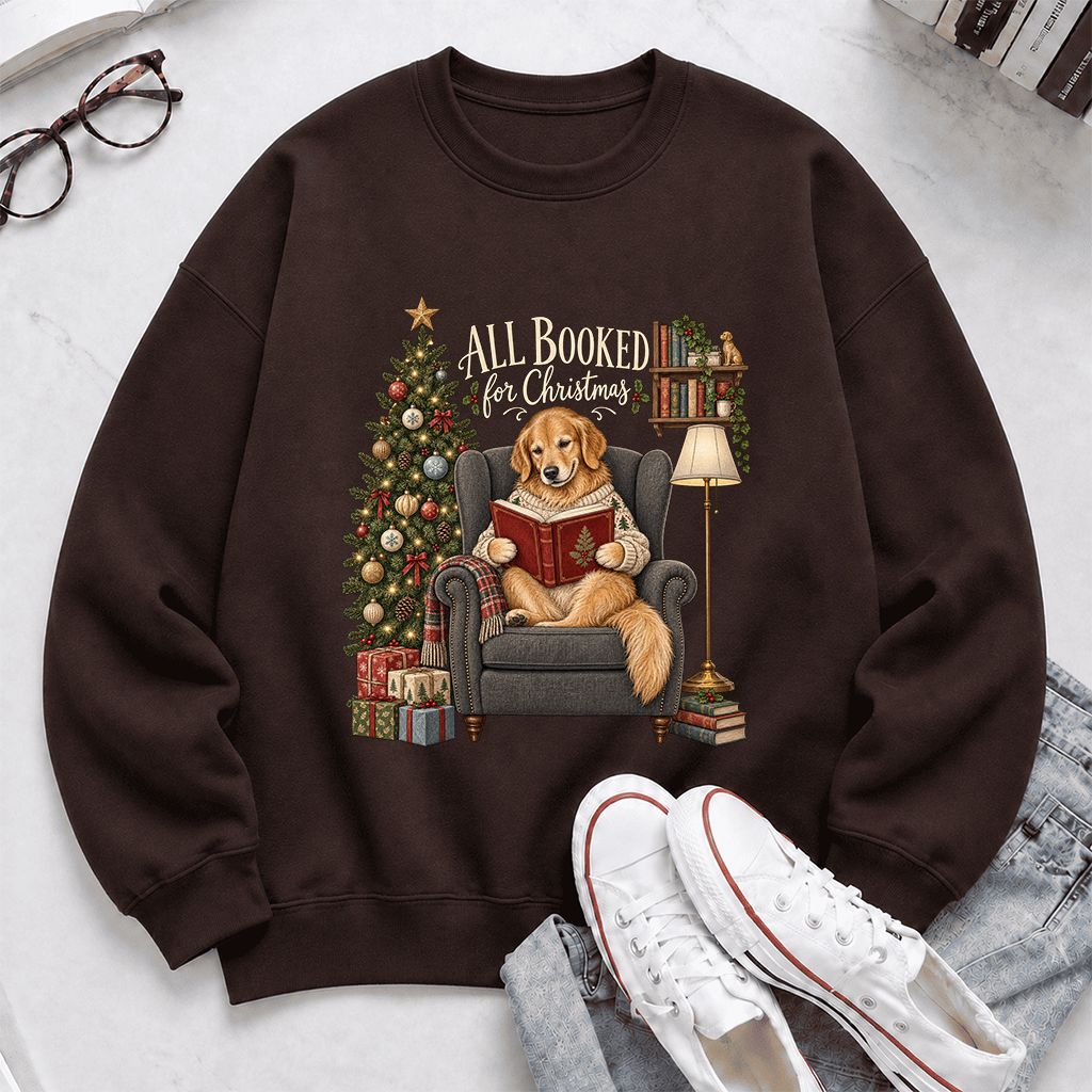 All Booked For Christmas Golden Retriever Printed Sweatshirt | Reader Gift Dark Chocolate