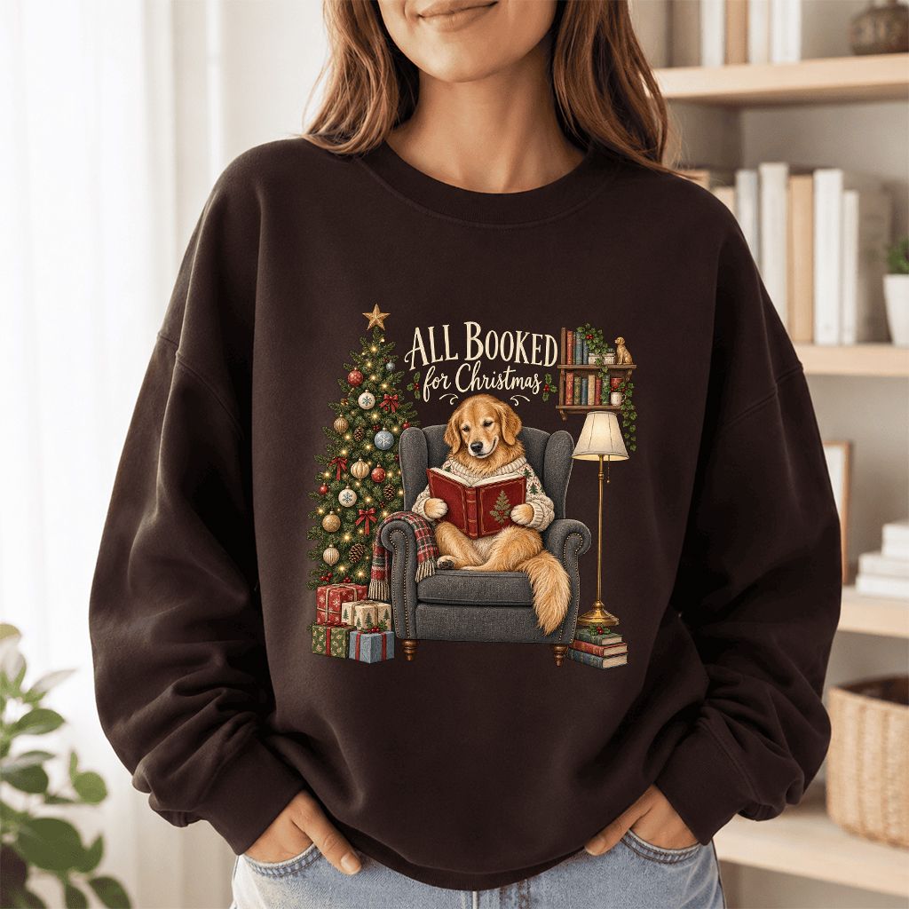 All Booked For Christmas Golden Retriever Printed Sweatshirt | Reader Gift Dark Chocolate