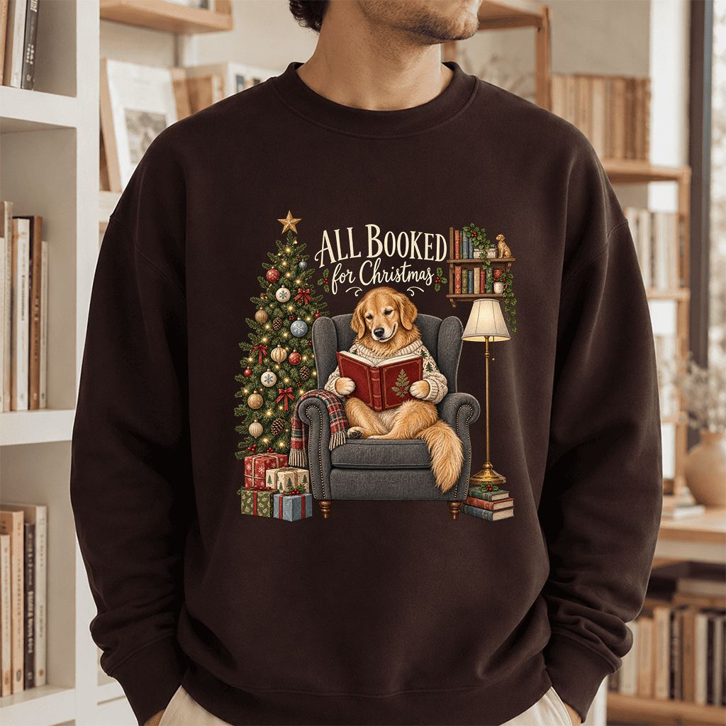 All Booked For Christmas Golden Retriever Printed Sweatshirt | Reader Gift Dark Chocolate
