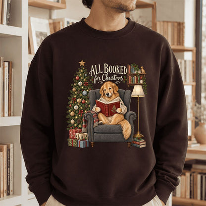 All Booked For Christmas Golden Retriever Printed Sweatshirt | Reader Gift Dark Chocolate