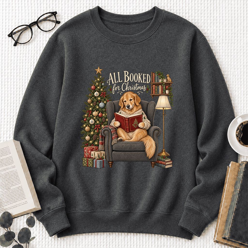 All Booked For Christmas Golden Retriever Printed Sweatshirt | Reader Gift Dark Heather