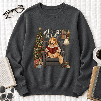 All Booked For Christmas Golden Retriever Printed Sweatshirt | Reader Gift Dark Heather