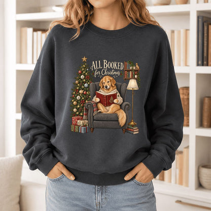 All Booked For Christmas Golden Retriever Printed Sweatshirt | Reader Gift Dark Heather