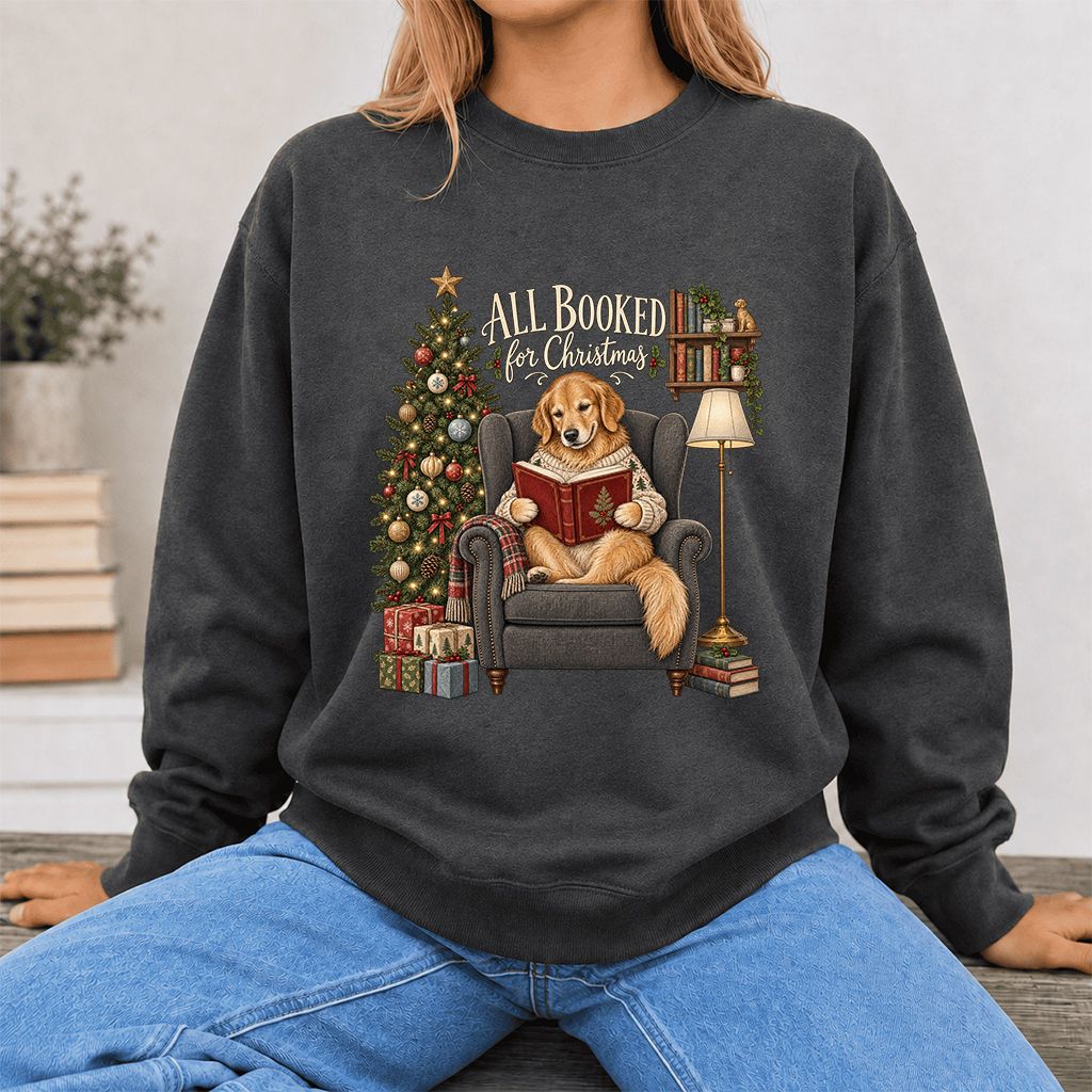 All Booked For Christmas Golden Retriever Printed Sweatshirt | Reader Gift Dark Heather