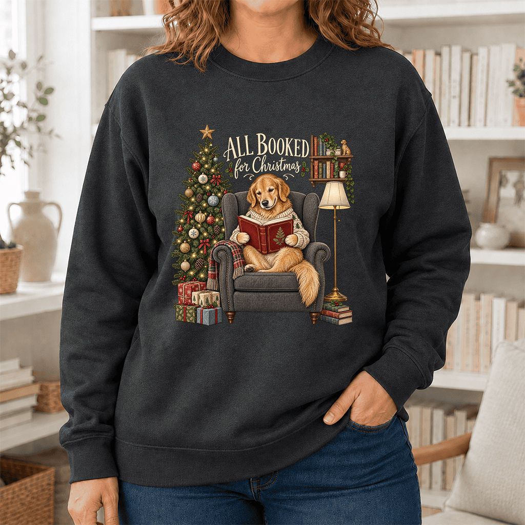 All Booked For Christmas Golden Retriever Printed Sweatshirt | Reader Gift Dark Heather