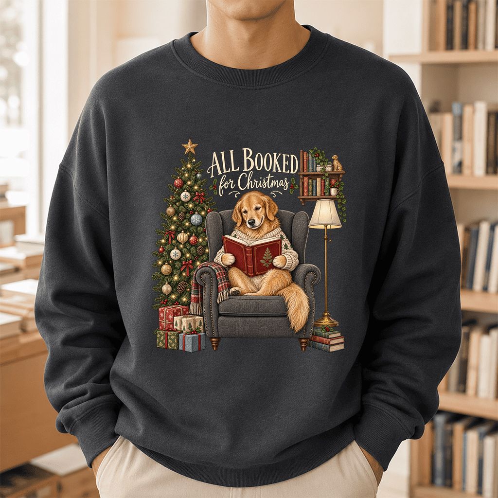 All Booked For Christmas Golden Retriever Printed Sweatshirt | Reader Gift Dark Heather