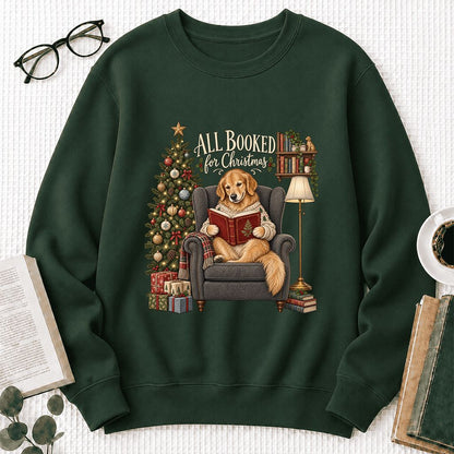 All Booked For Christmas Golden Retriever Printed Sweatshirt | Reader Gift Forest Green