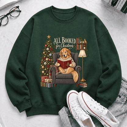 All Booked For Christmas Golden Retriever Printed Sweatshirt | Reader Gift Forest Green