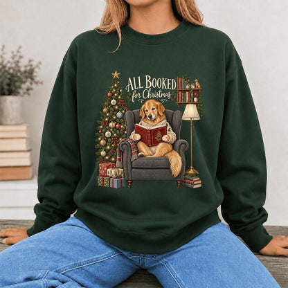 All Booked For Christmas Golden Retriever Printed Sweatshirt | Reader Gift Forest Green