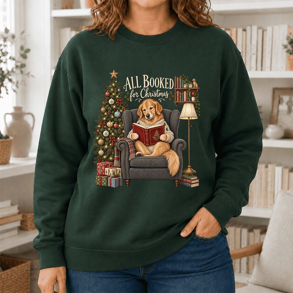 All Booked For Christmas Golden Retriever Printed Sweatshirt | Reader Gift Forest Green