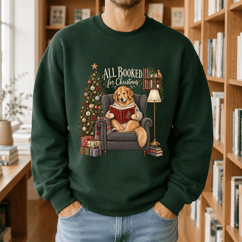 All Booked For Christmas Golden Retriever Printed Sweatshirt | Reader Gift Forest Green