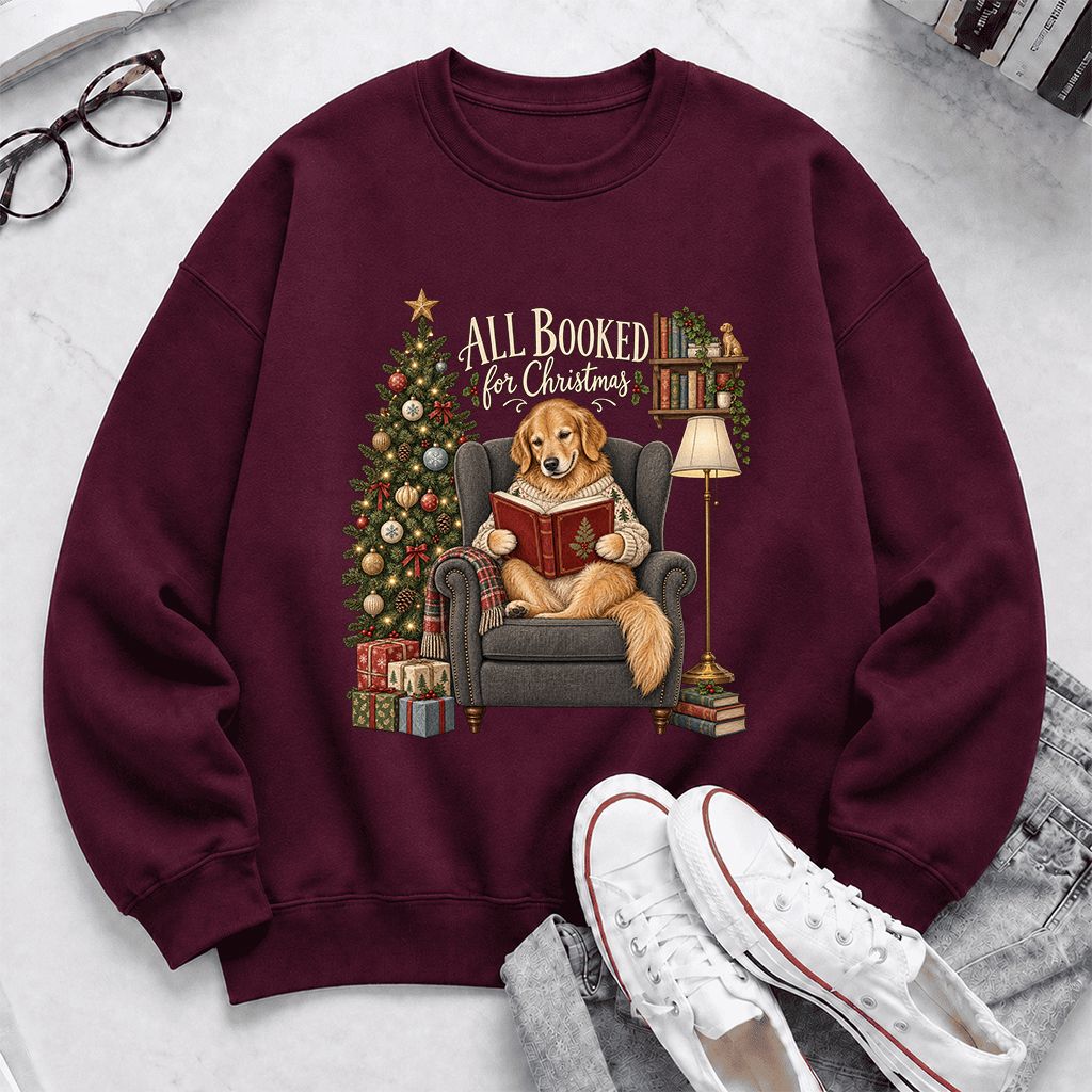 All Booked For Christmas Golden Retriever Printed Sweatshirt | Reader Gift Maroon