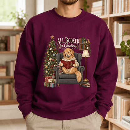 All Booked For Christmas Golden Retriever Printed Sweatshirt | Reader Gift Maroon