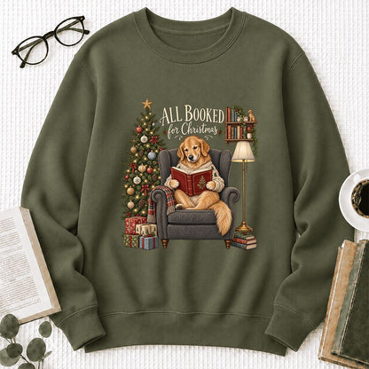 All Booked For Christmas Golden Retriever Printed Sweatshirt | Reader Gift Military Green